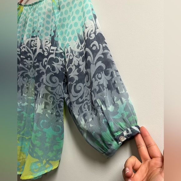 BCX Blue and Green Polka Dot Paisley Semi-Sheer Front Tie Blouse Size Small - Picture 6 of 6